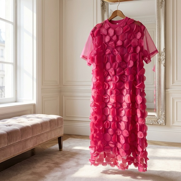 A361  Nancy Modern Romance Hot Pink Textured Midi Dress Tulle Overlay  NWT S - Picture 4 of 8